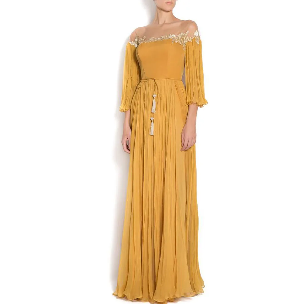 

Customized Illusion Neckline Gold Maxi Dresses Pleat Lace Appliques Long Prom Dress 3/4 Sleeves Flowy Formal Outfit for Women