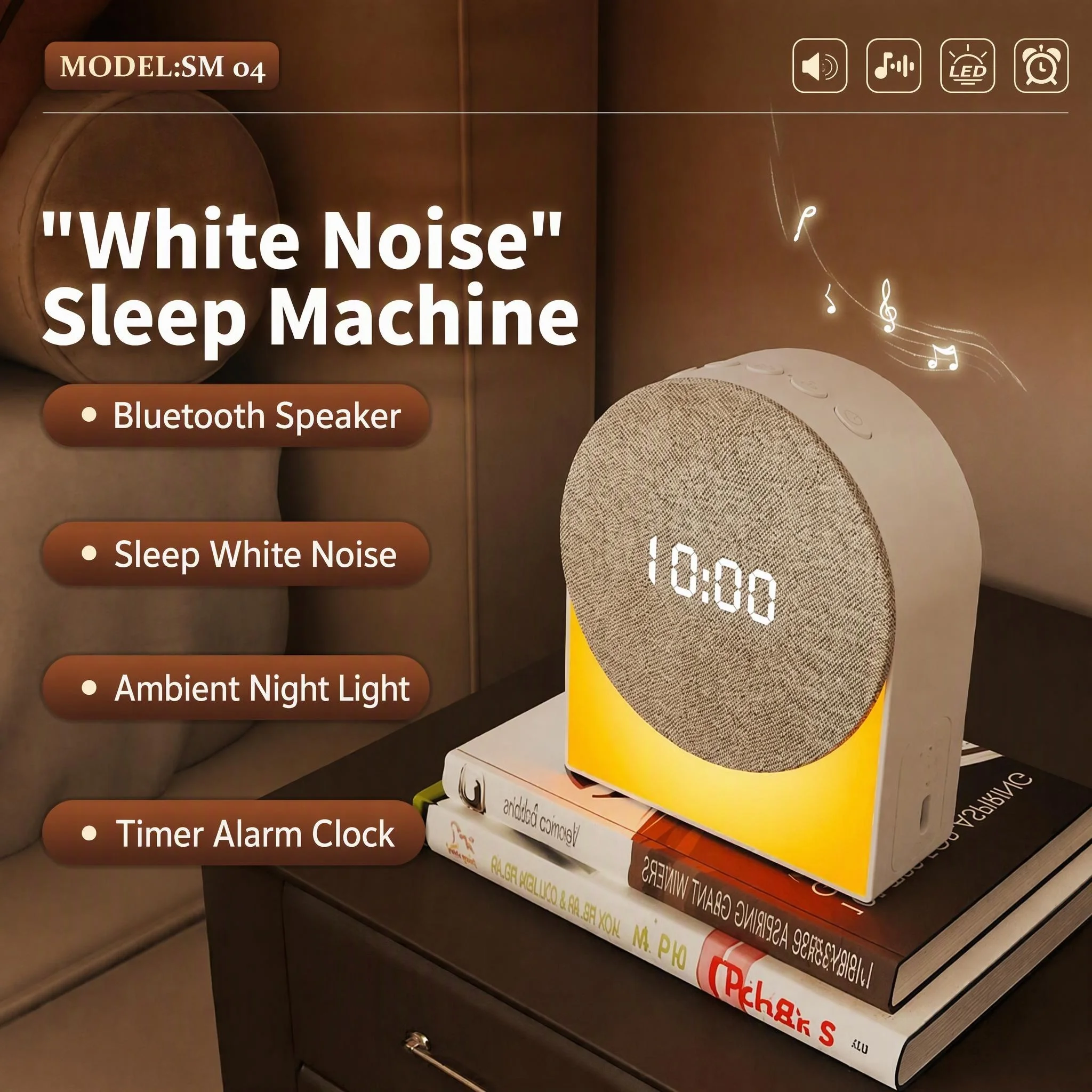 White Noise Sleep Aid Fabric Night Light | Bluetooth Speaker Alarm Clock Timing Sleep Lamp, Ideal Gift
