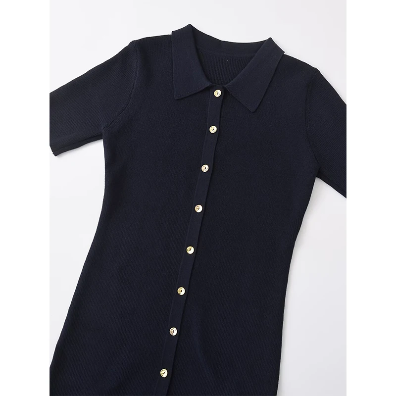 YENKYE Women Navy Blue Front Buttoned Knit Midi Dresses Short Sleeve Lapel Collar Slim Fitted Autumn Dresses Bodycon Vestidos