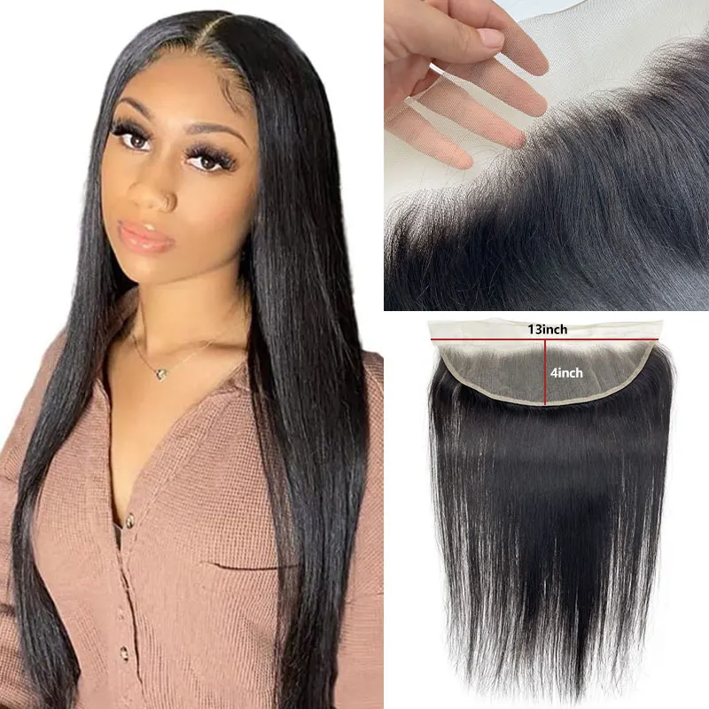 Transparent Lace Frontal Brazilian Straight Swiss 13x4 Lace Frontal Closure Real Human Hair Pre-plucked Natural Black Color