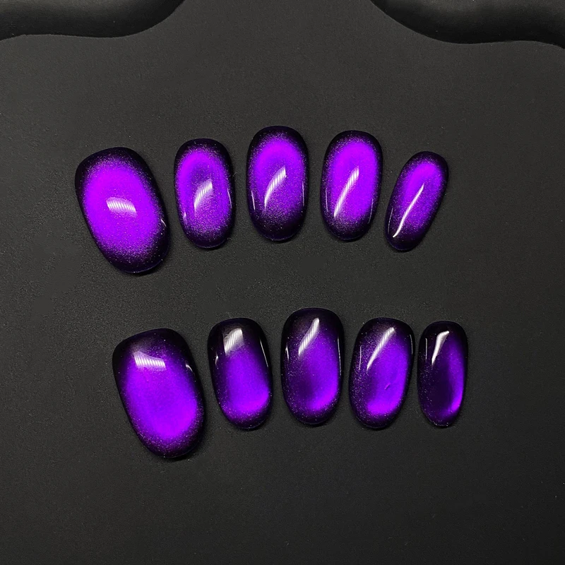 10 個手作りショートオーバルプレス爪キャットアイグリッター付け爪マニキュアアートウェアラブル粘着付け爪パープルヒント