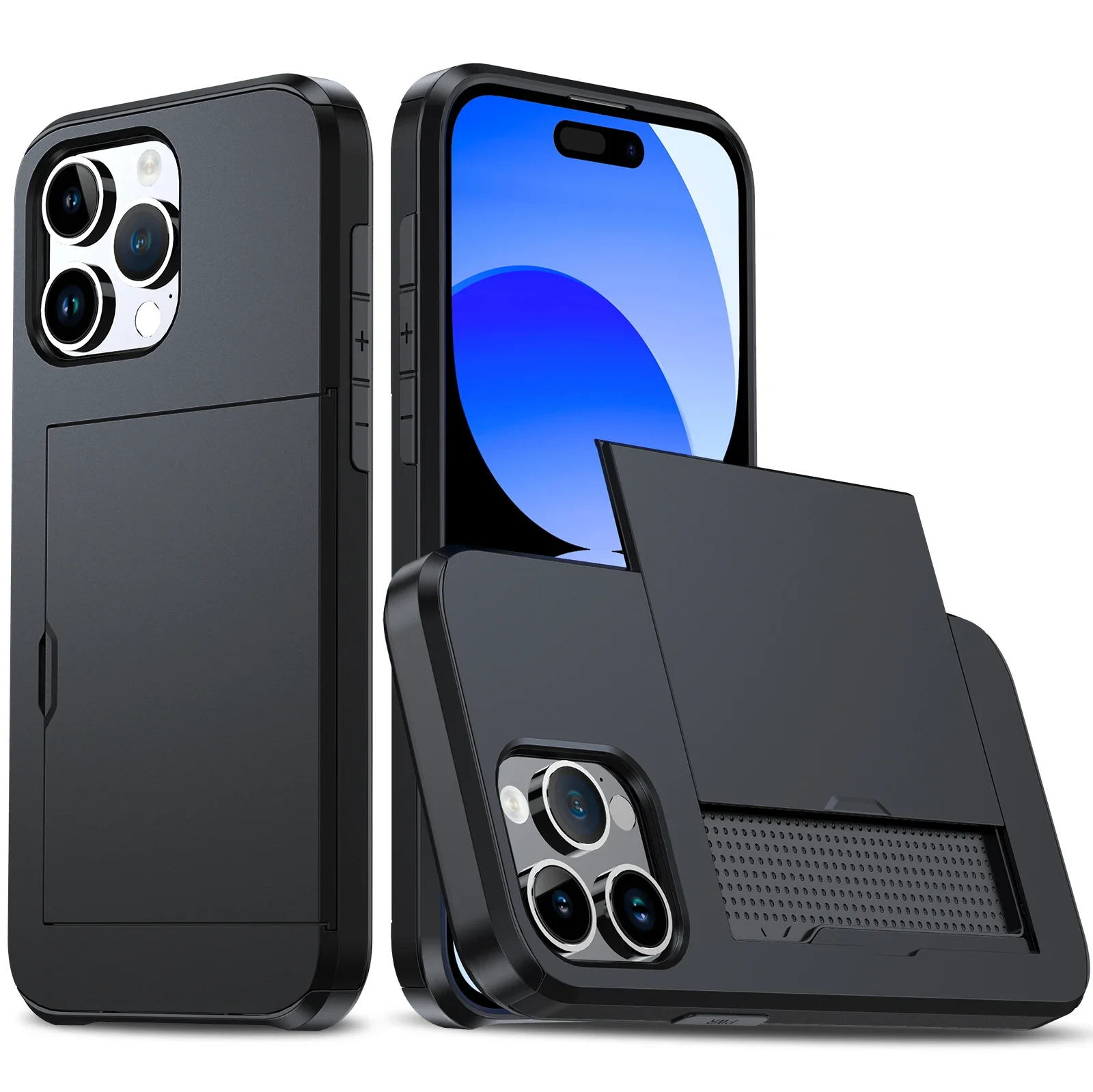 iPhone 17 Pro Max, 16 Pro Max, 17e, 15, 14, 13, 12, 11 hoesje met portemonnee, kaarthouder, schuifvak, dun, hard PC, heavy duty beschermhoes