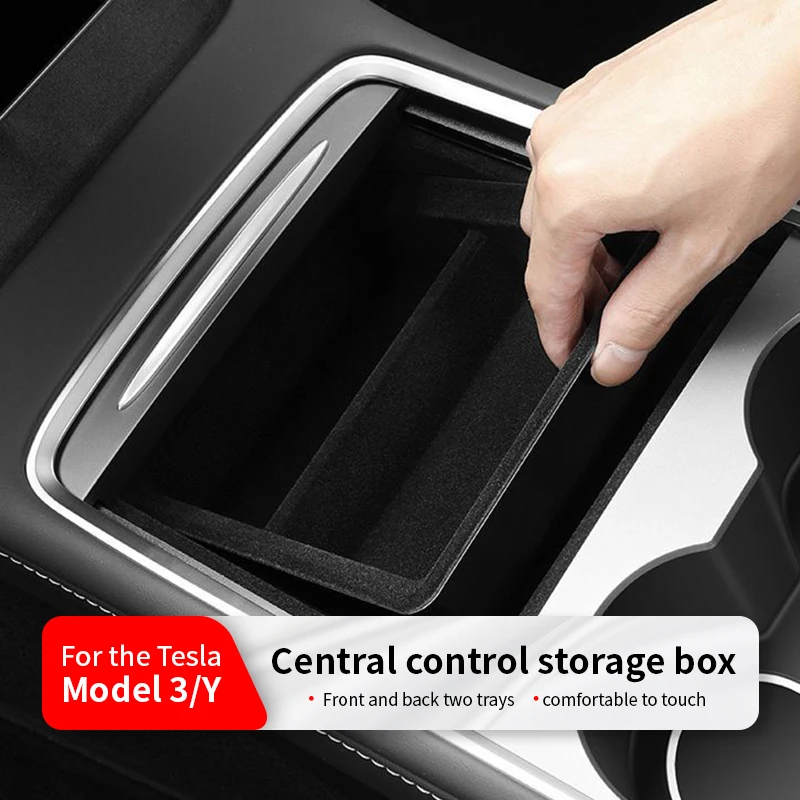 Image of Flockbeschichtete Mittelkonsolen-Organizer-Ablage mit Armlehnenfach für Tesla Model 3/Y 2021-2023 – Aufbewahrungsbox-Zubehör