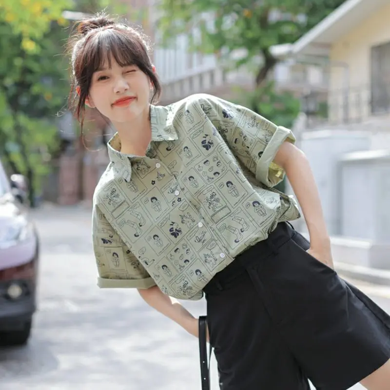 

Summer Casual Korean Fashion Loose Buttons Single Breasted Retro Fashion Short Sleeve Youth Lively Bright Easy Close to The