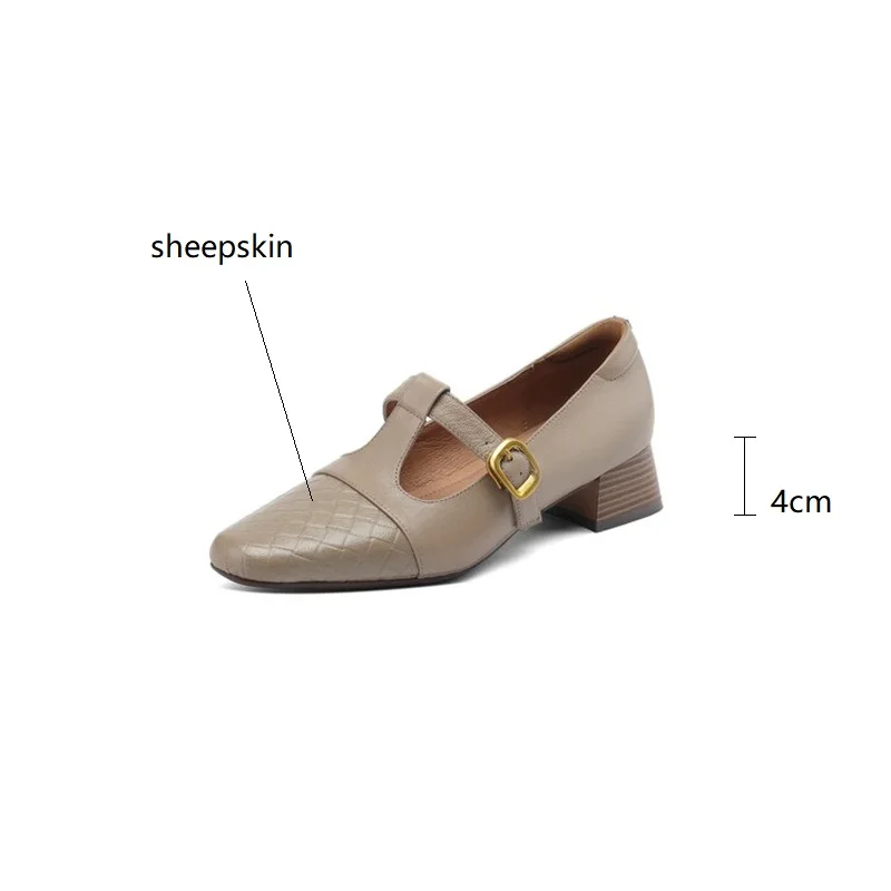 2024 New Spring Summer Sheepskin Women Shoes Square Toe Shallow Women Pumps Mary Jane Shoes for Women Chunky Heel Casual Shoes