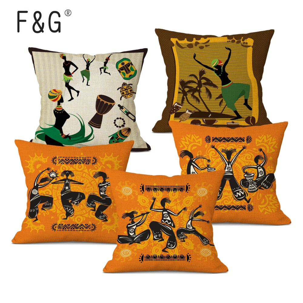 

African Style Cushion Cover Cartoon African Dance Decorative Pillow Case Linen Cushion Home Decor Throw Pillow Cover