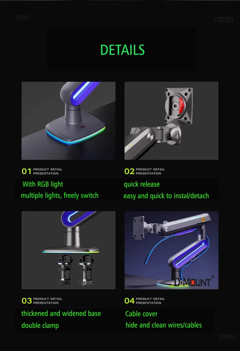 NB G70 L60 F6 E6 32-60 Inch Curved Arc Screen Desktop Gaming Monitor ARM Holder 2-20kgs Ultra Wide Monitor Mount with RGB Light