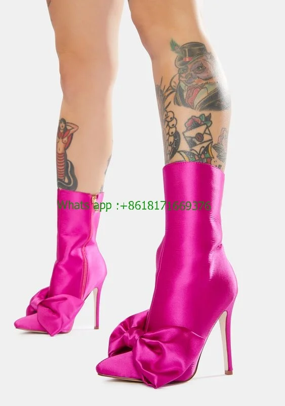 Ankle Pretty Pointy Toe Fuchsia Oversized Bow Boots Sexy Luxury Women Stiletto High Heel Booties Fashion Ladies Elastic Shoes