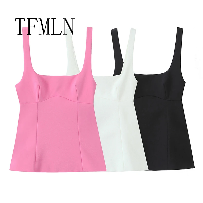 TFMLN جديد الصيف النساء عارية الذراعين القوس القمم موضة ساحة الرقبة سليم تانك القمم الصلبة بروتيل Y2k سترات البنطال القصير ملابس امرأة