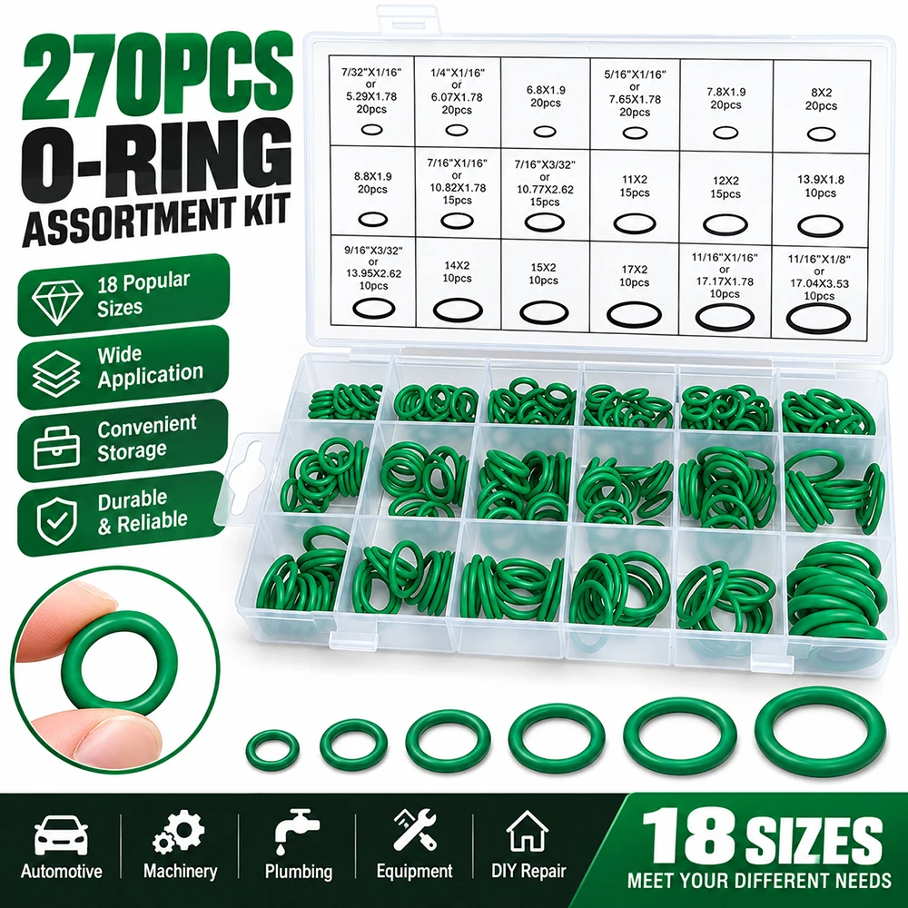 270PCS Green O-Ring Assortment Kit Rubber Sealing Gasket Set 18 Sizes for Mechanical And Fabrication Engineering