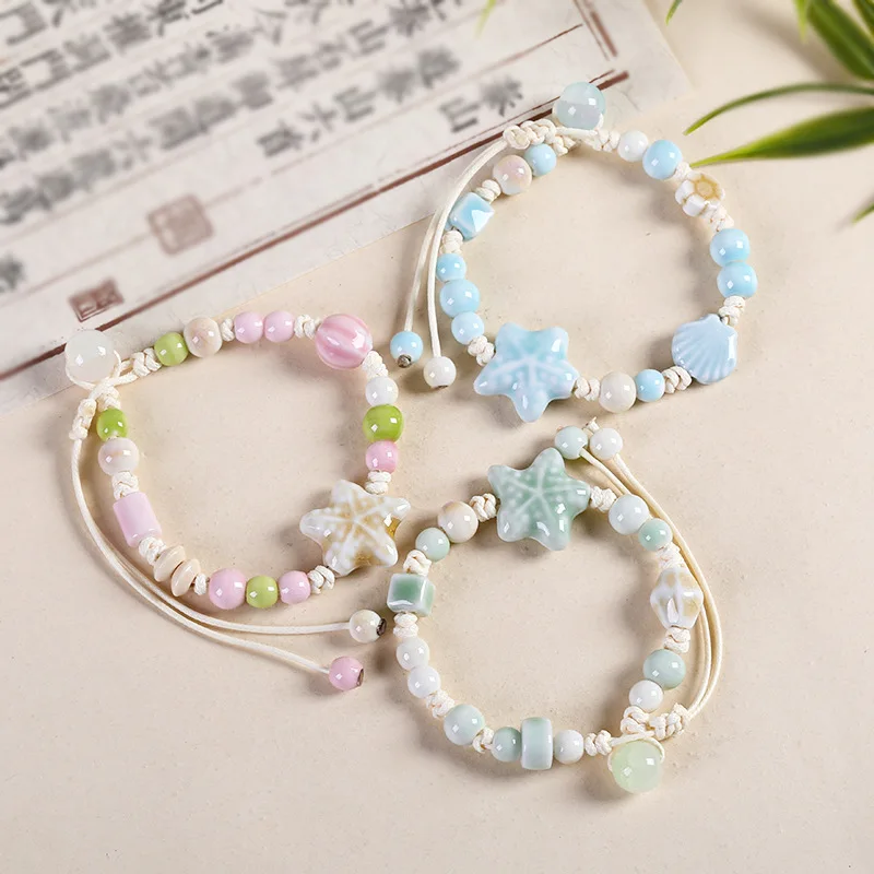 Sweet Ocean Style Starfish Ceramic Braided Bracelet Porcelain Beads Adjustable Rope Bracelet Jewelry Women Daily Party Gift