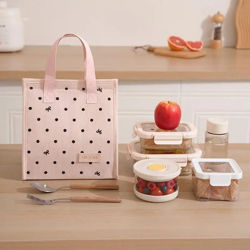 Reusable Portable Insulated Lunch Bag Top Handle Minimalist Style Lunch Tote Bag Polka Dot Thermal Lunch Box