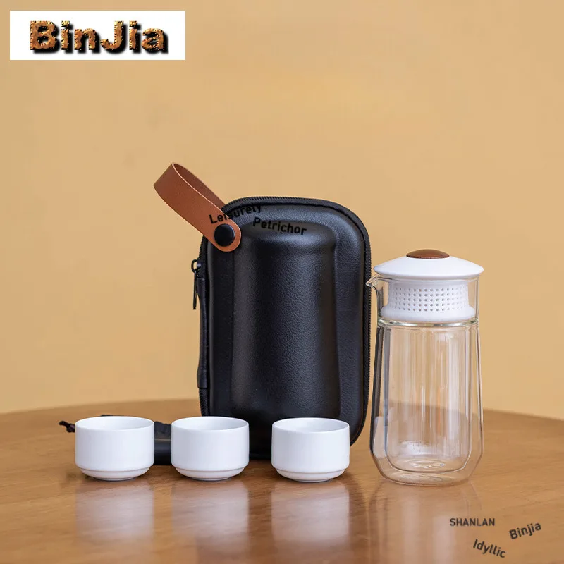 

Белый фарфоровый дорожный чайный сервиз, набор ручной работы, 1 горшок, 3 чашки, органайзер для приготовления чая, портативная уличная сумка, аксессуары для набора чая, ремесло