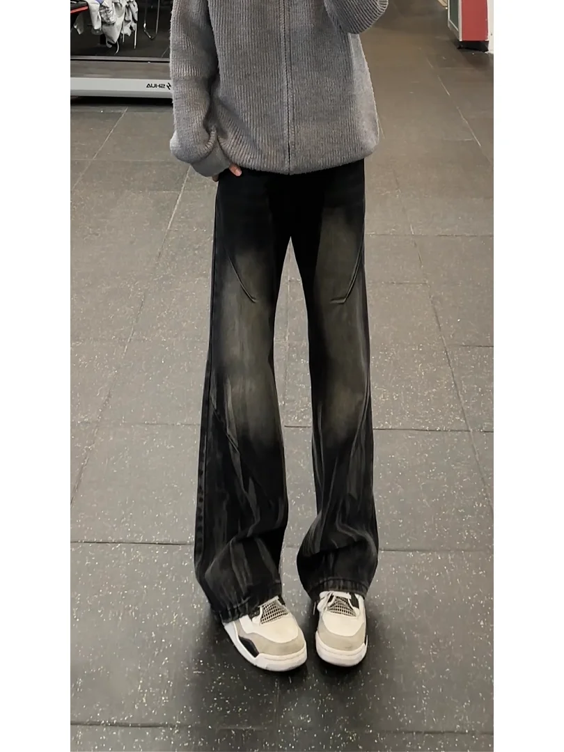 

American High Street Loose Straight Leg Bla Tie Dye Jeans Men's Spring Autumn Wear Resistant Casual Jeans mid Waist Zipper