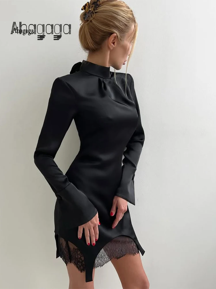 

Ahagaga Elegant Women's Mini Dresses Solid Regular Long Sleeves Turtleneck Lace Shoulder Pad Bows Sexy Fit Female Vestidos Robes