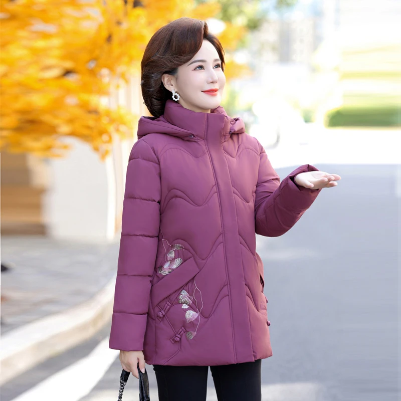 

Women Down Cotton Jacket Winter New Middle Aged Mother Elegant Leisure Female Coat Hooded Outerwear