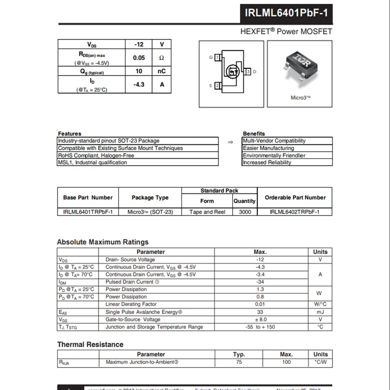 50PCS IRLML6401TRPBF SOT23-3 IRLML6401TR SOT IRLML6401  SMD new and original IC   Small Signal Field-Effect Transistor