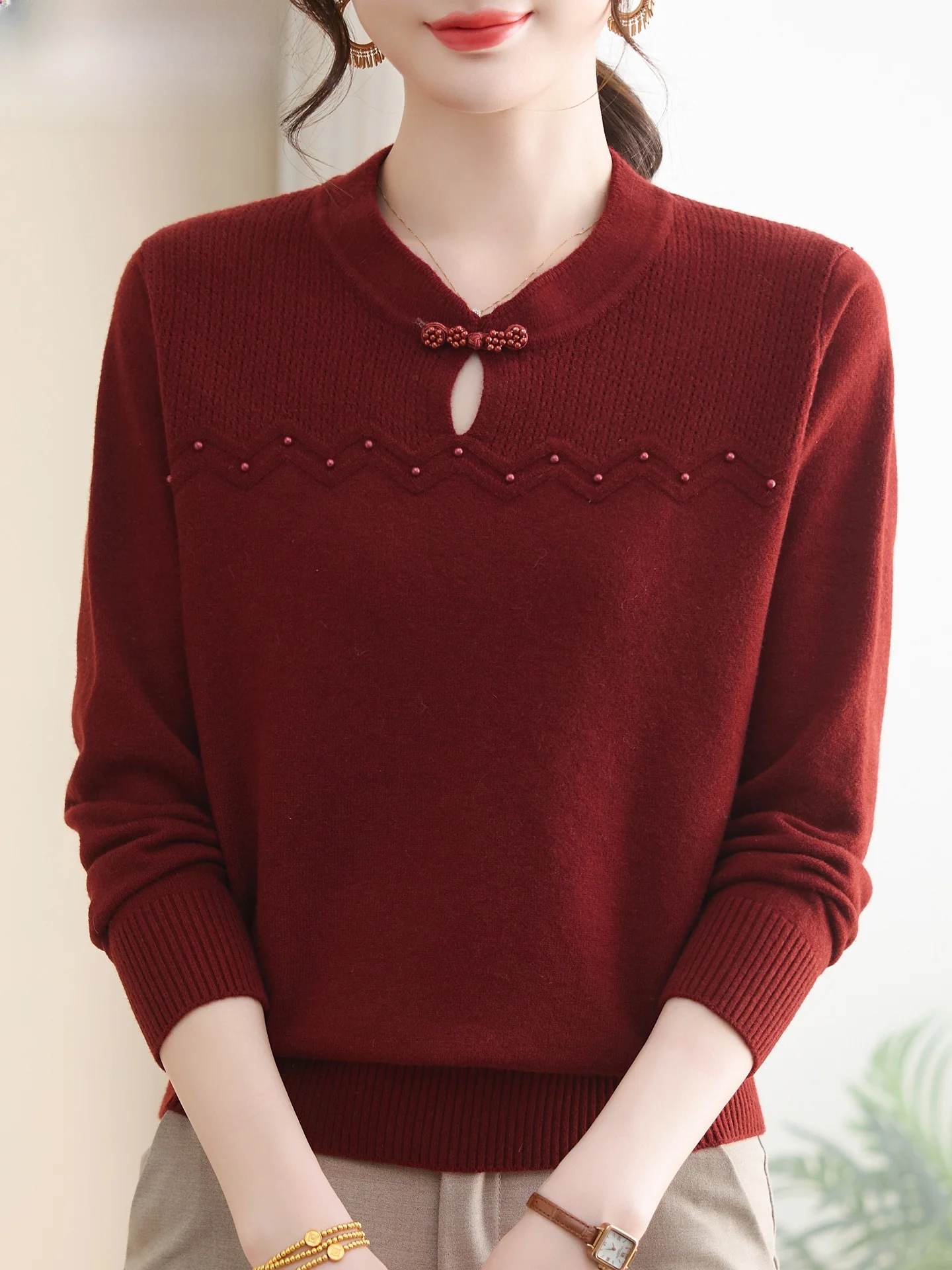 

Новая китайская вязаная кофта для женщин: весенняя модная свадебная кофта-топ красного цвета, свободного кроя, дышащая, теплая, из полиэстера