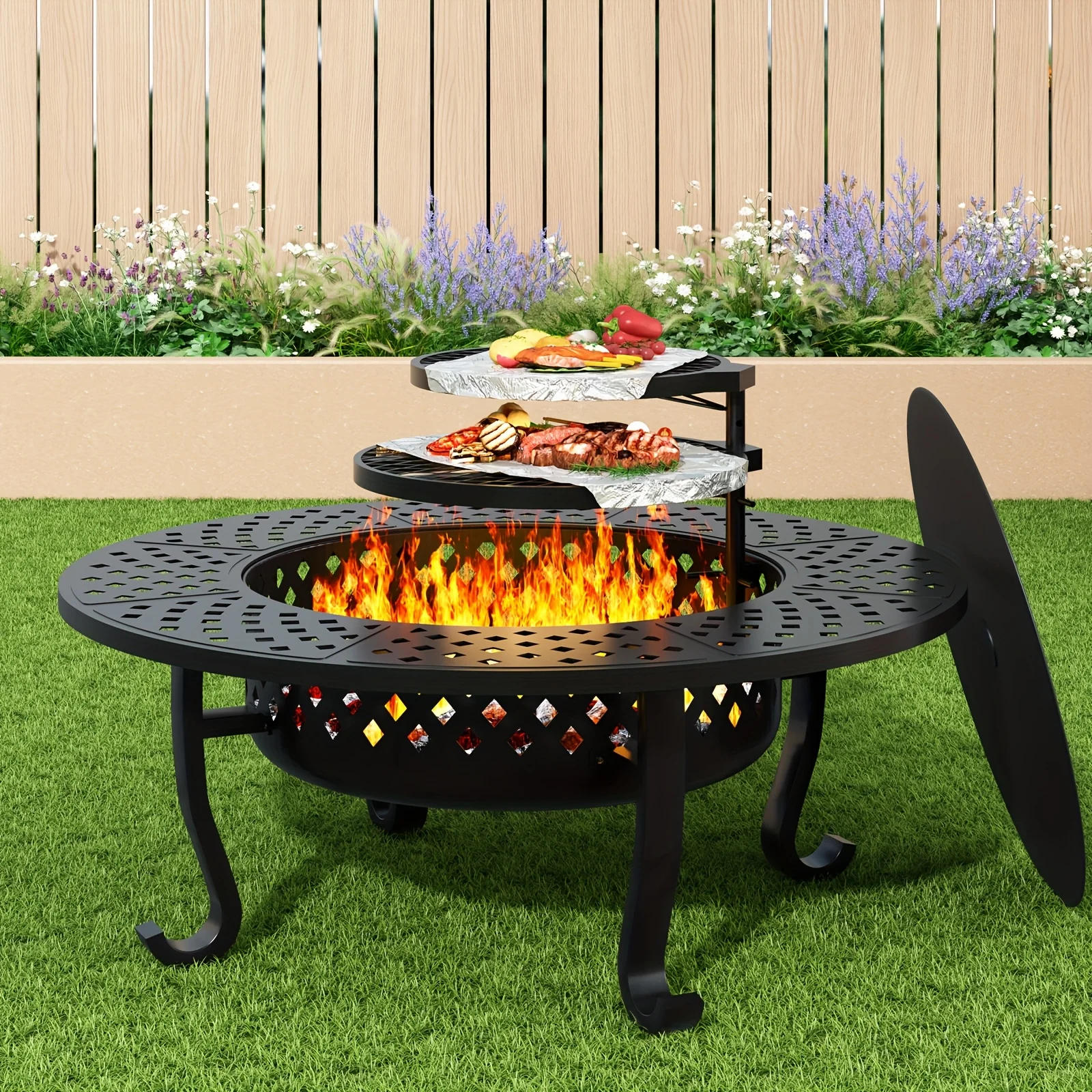 

43 Inch Fire Pit with 2 Grills, Outdoor Wood Burning Firepit with Lid, Metal Round Table for Backyard Patio Garden Picnic Camping Bonfire