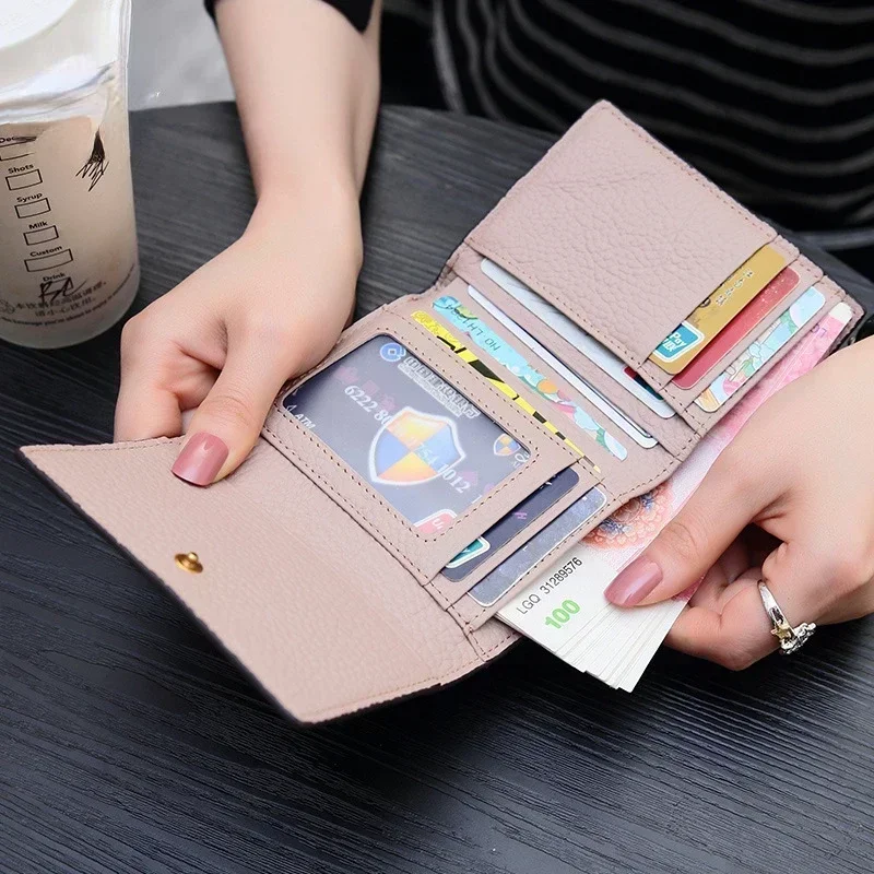 Genuine Cow Leather Short Wallet for Women Real Leather + PVC Small Purse Bank Card Holder Money Clip Small Wallet 7Z