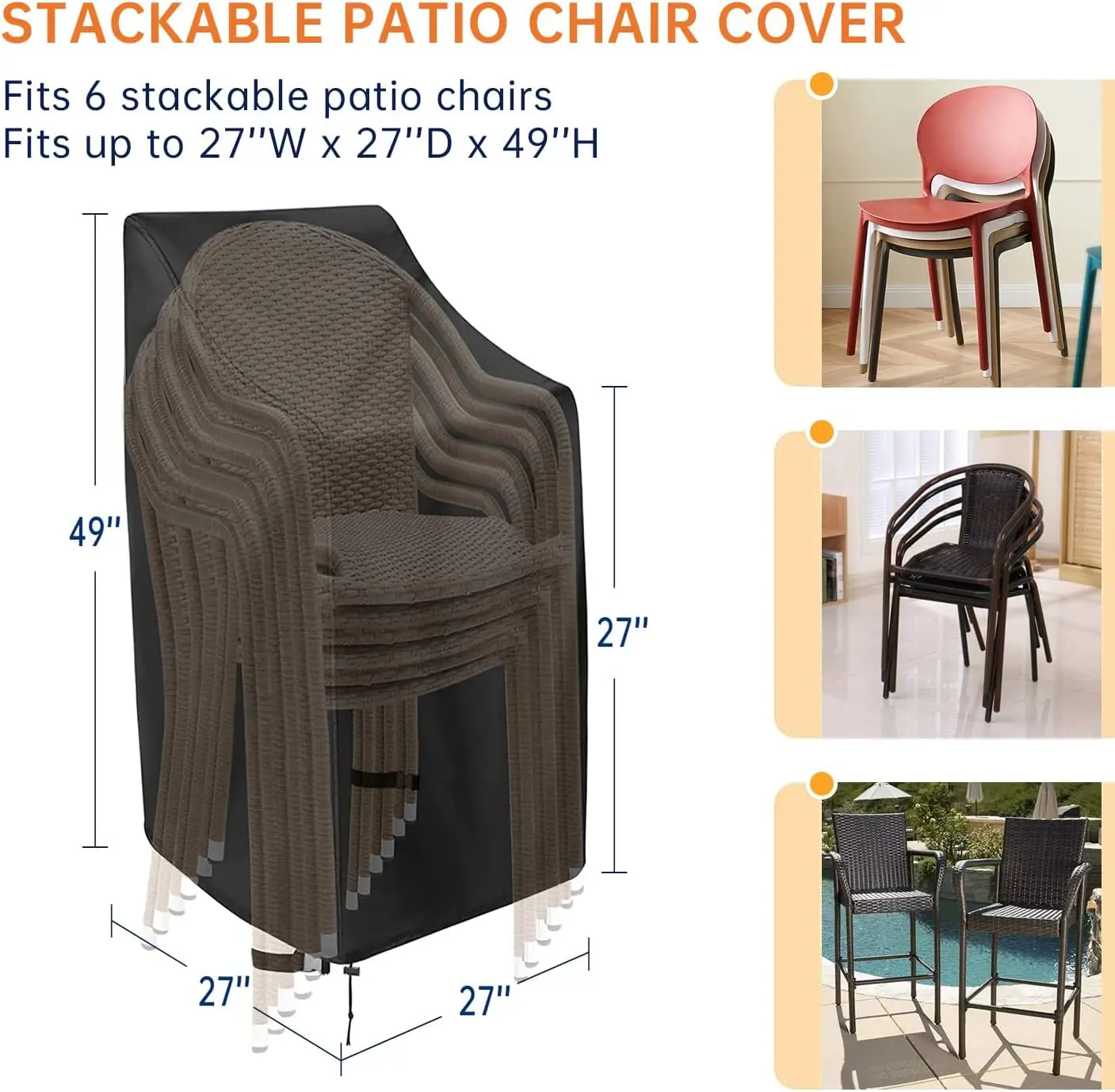 Stackable Patio Chair Covers for Outdoor Furniture, Outdoor Chair Covers Waterproof, 600D Heavy Duty Lawn Outside Barstool Covers,Fits for 4-6 Stackable Dining Chairs,27