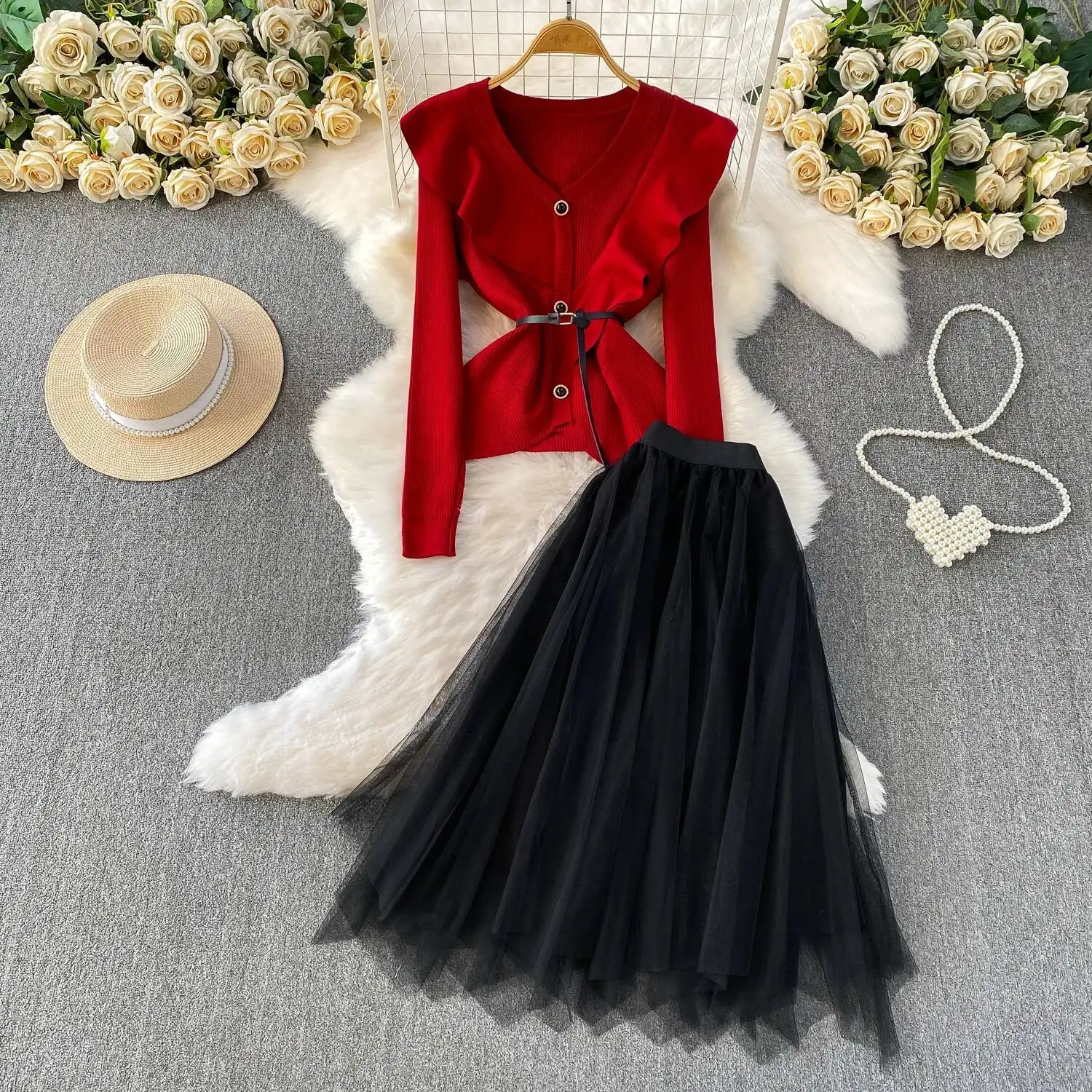 

Винтажная элегантная корейская модная женская одежда с длинными рукавами и v-образным вырезом с рюшами, осенние платья, комплект из двух предметов