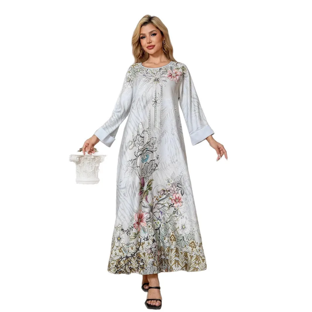 

Трансграничный халат на Ближнем Востоке, женское длинное платье с цветочным принтом и бисером, арабский мусульманский халат с бриллиантами, платье cw24824