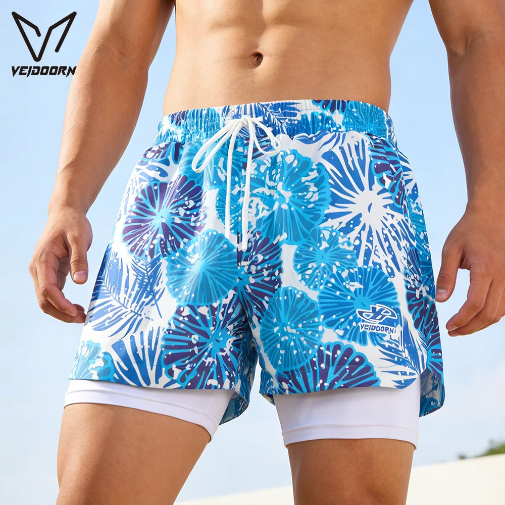Veidoorn Men's Youth 5 Inch Swim Trunks Quick Dry Beach Board Shorts Anti-Exposure Double Layer Lining Family Matching Swimwear