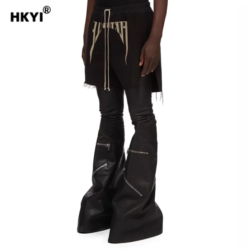 

HKYI Men's and Women's Fashion Show Embroidered Letter Drawstring Diagonal Brushed Edge Pants with Split Legs Loose Shorts