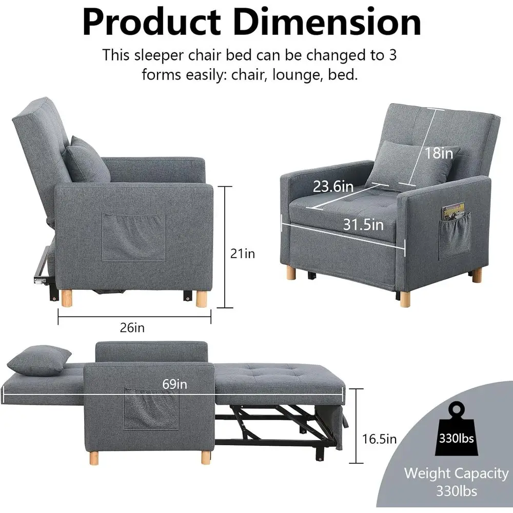 Gray Adjustable Backrest Convertible Sleeper Sofa Chair for Multi-Functional Living Room Use