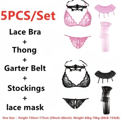 FREEAUCE 5pcs Sexy Lingerie Transparent Lace See Through Bra and Panty Garter Belt Stockings Panties Underwear Sets for Women