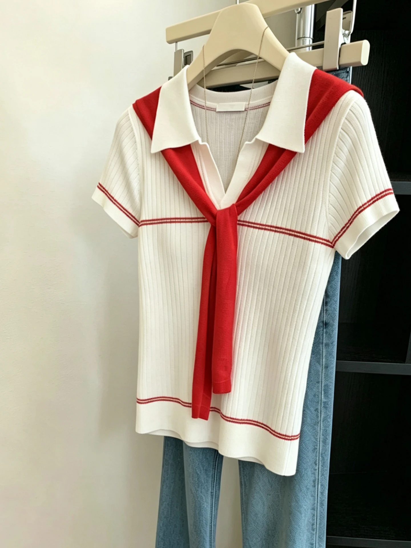 Casual Style Color Block Knitted Short Sleeve  Neck Shoulder Wrap for Men And Women Sweet Summer Versatile Loose Fit Top