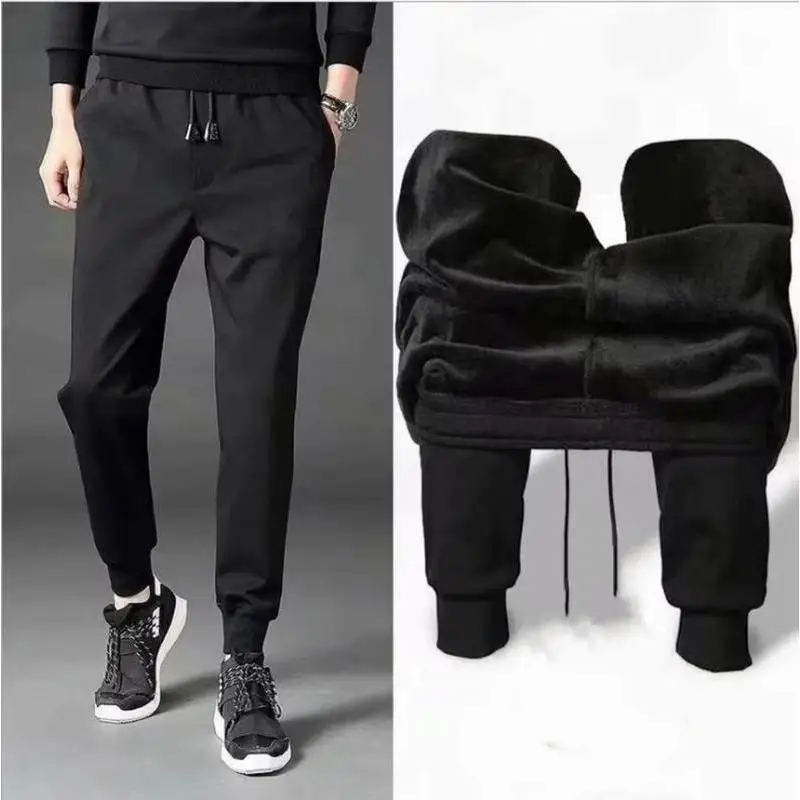 2026 Classic Black New Winter Plus Velvet Sports Pants For Men 1Pc Thick Warm Long Black Trousers Outdoor Casual Accessory
