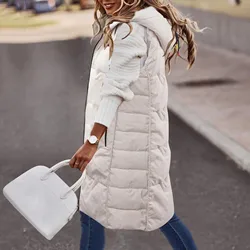 Womens Winter Down Jacket Sleeveless Puffer Vest Hooded Long Down Coat Button Down Vest Padded Down Jacket Winter Outerwear