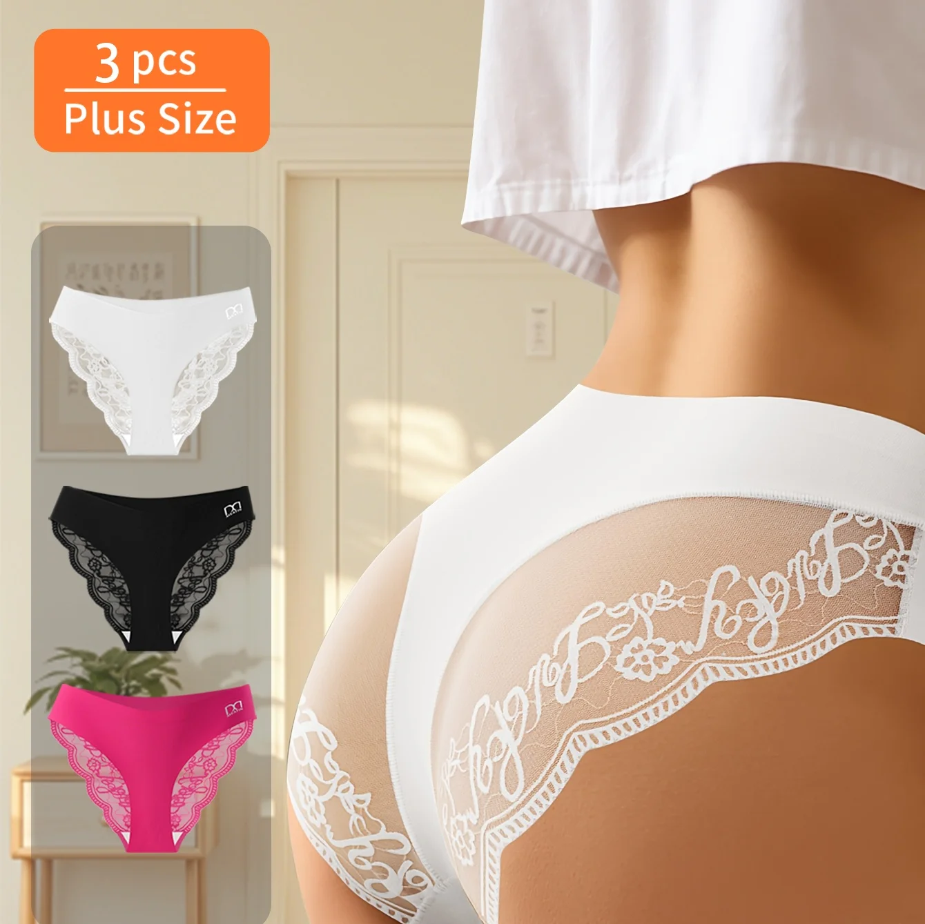 

3Pcs/Set Women's Lace Panel Panties Mid-Rise Floral Briefs Women's Invisible Breathable Underwear Soft Intimate Underwear