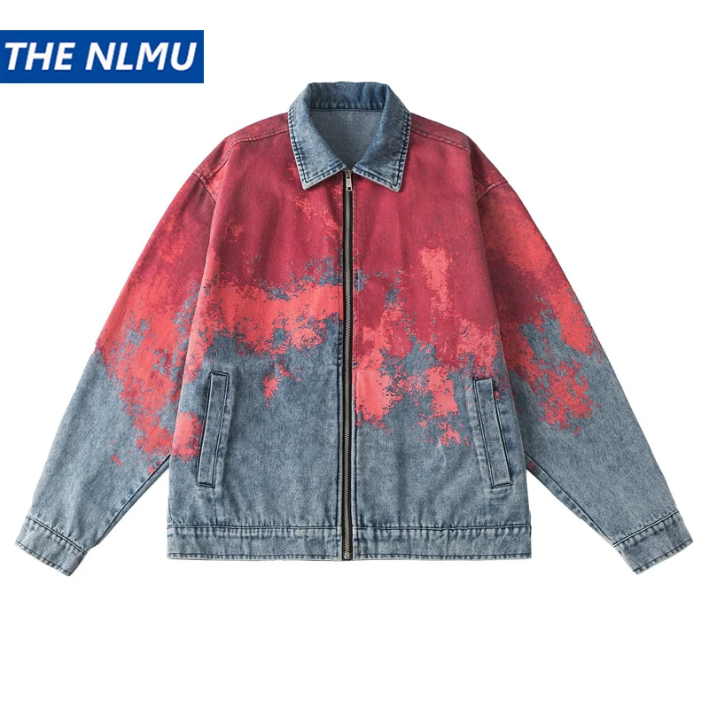 American High Street Tie Dye Baggy Denim Jacket Hip Hop Men's Vintage Gradient Denim Zip Up Jackets