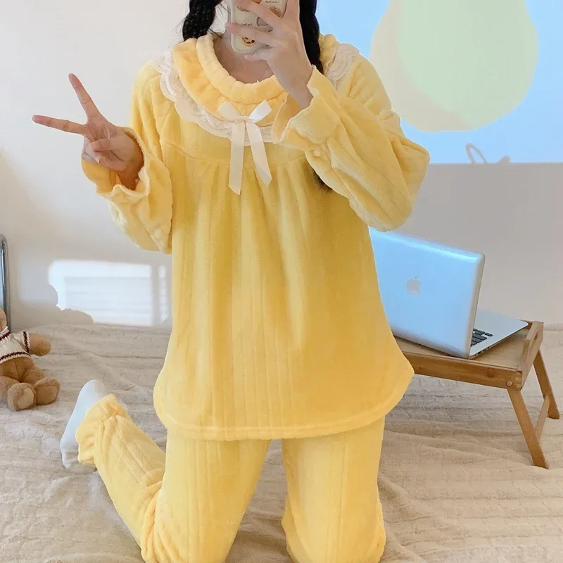 أطقم بيجامات شتوية حلوة من الدانتيل لعام 2025 بأكمام طويلة سميكة ودافئة من الفلانيل للنساء ملابس نوم كورية لطيفة ملابس منزلية ملابس منزلية #2