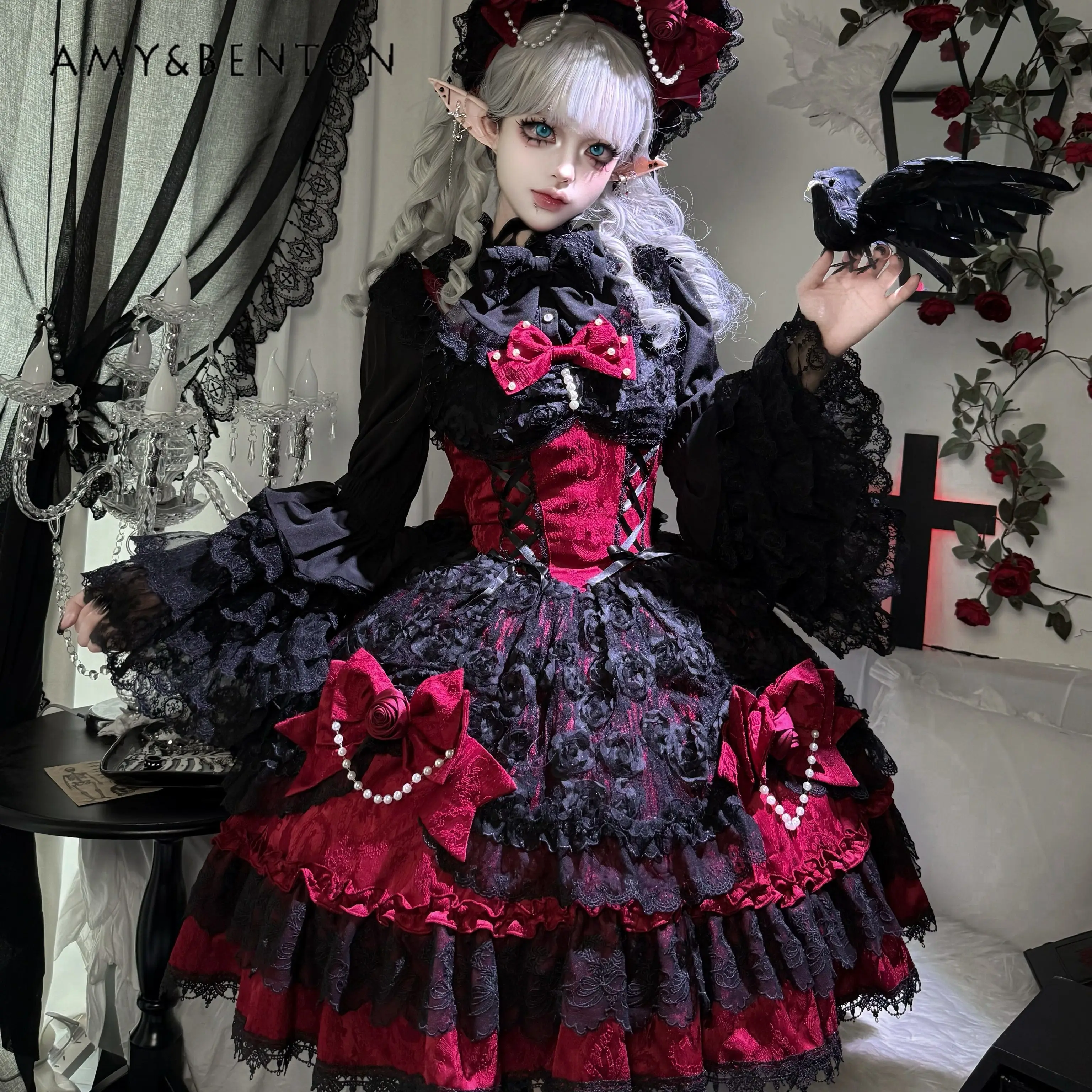 

Summer New Dark Style Banquet Women's Black Red Pink Lolita Slim High Waist Strap Dress with Bow Hat Three Piece Outfit Set