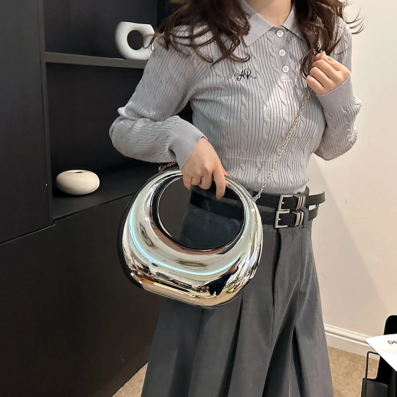 Luxury Gold Silver Evening Bag For Women 2024 Big Round Ring Handle Clutch Bag High Quality PVC Crossbody Bag Female Party Purse