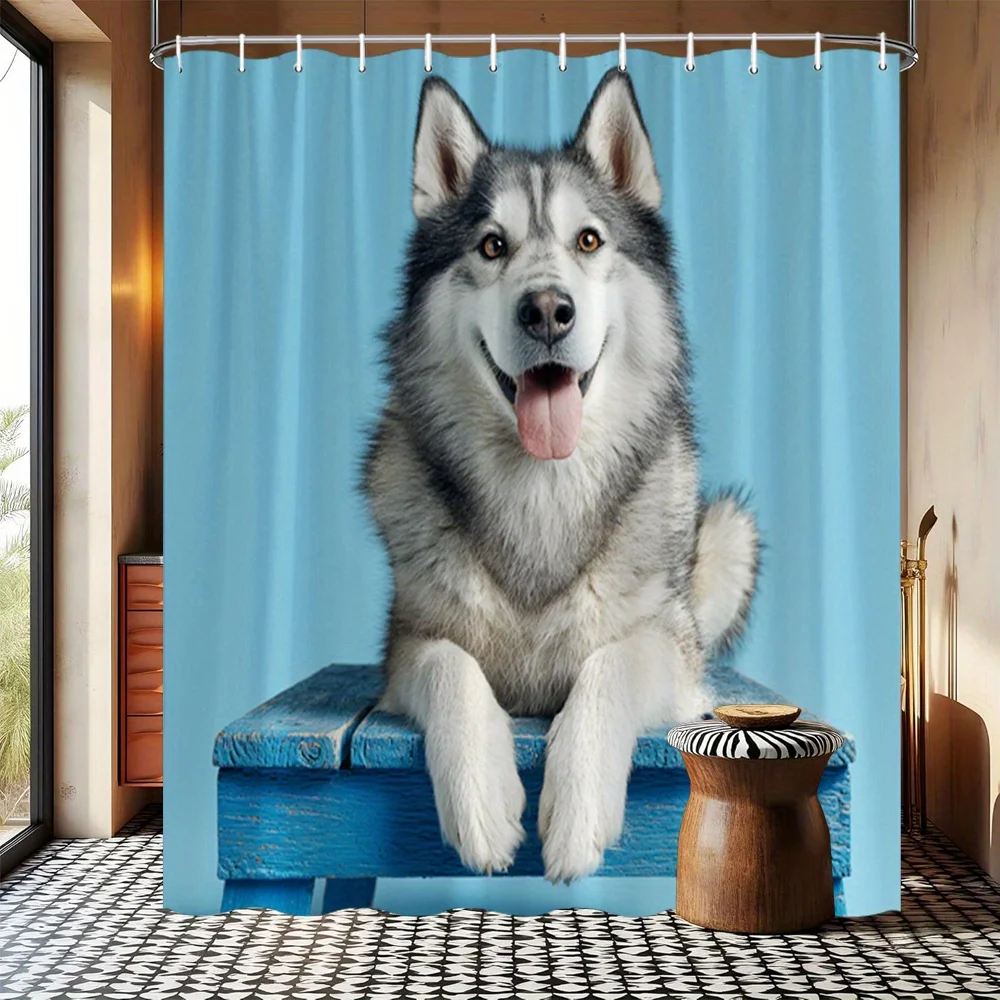 ハスキーシャワーカーテン防水生地浴室カーテン面白い犬バススクリーンディバイダー家の装飾フック付き