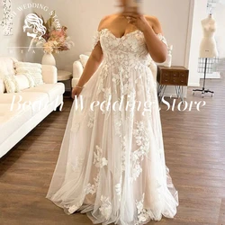 Vestido de novia de talla grande personalizado para playa, escote en forma de corazón con hombros descubiertos, apliques de tul suave, vestidos de novia sexis con espalda abierta y corte en A