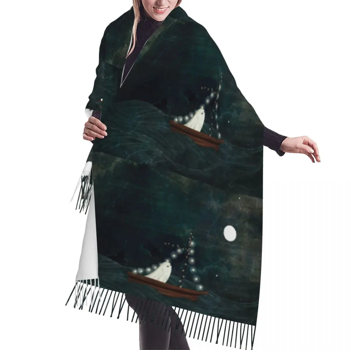 

Custom Ghost Boat Ride Scarf Wrap Women Long Winter Warm Tassel Shawl Unisex Halloween Horror Scarves