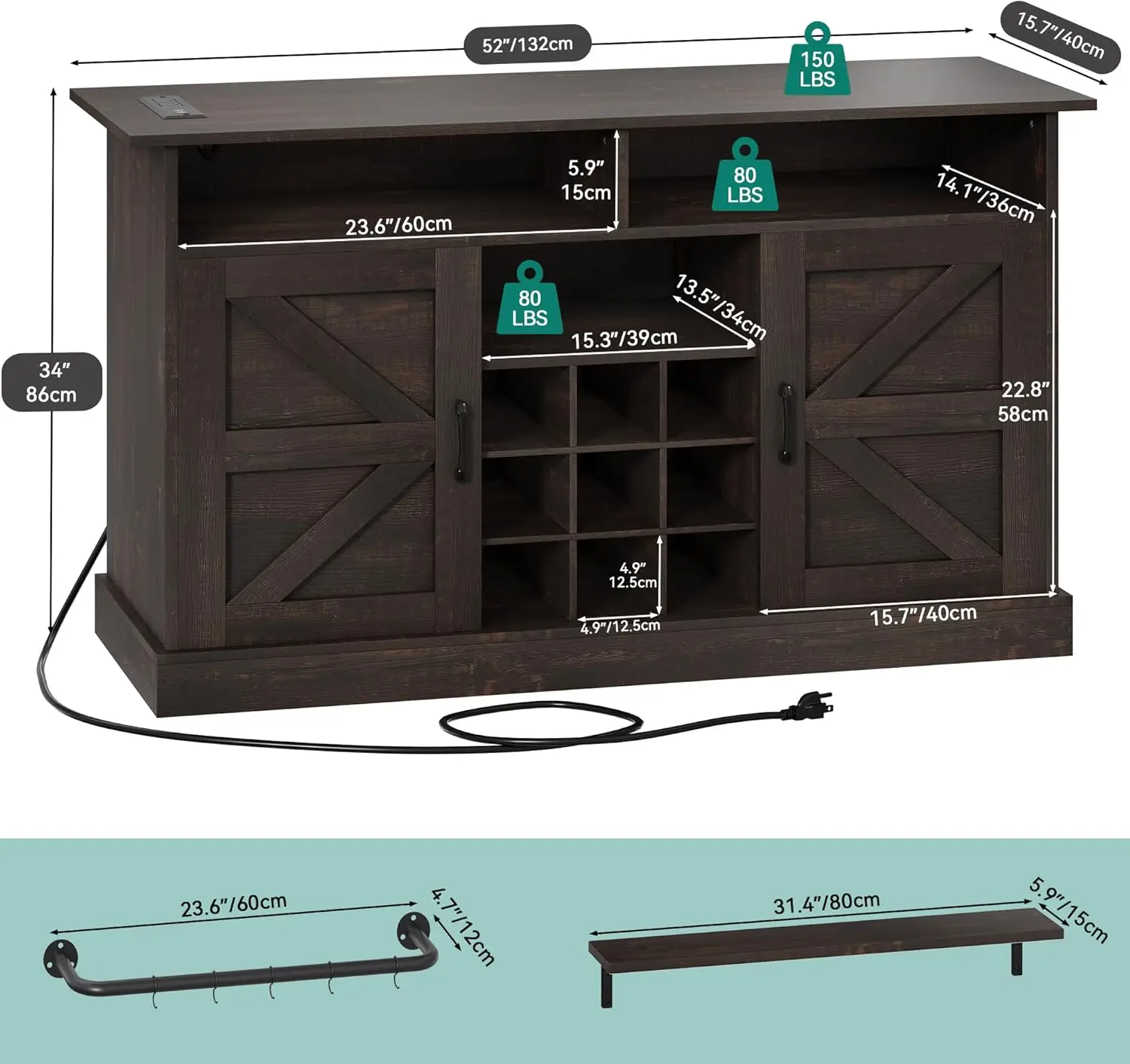 Farmhouse Sideboard Buffet Cabinet with Storage, 52