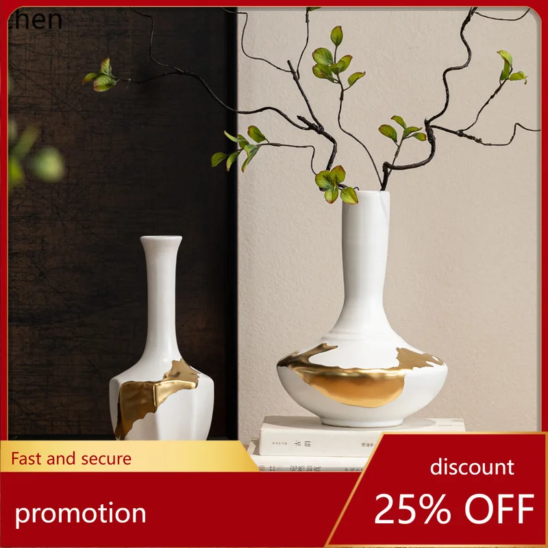 

CZ Home Platinum Ceramic Vase Living Room Entrance Tea Room Antique Style Gilded Flower Arrangement Decorative Ornament