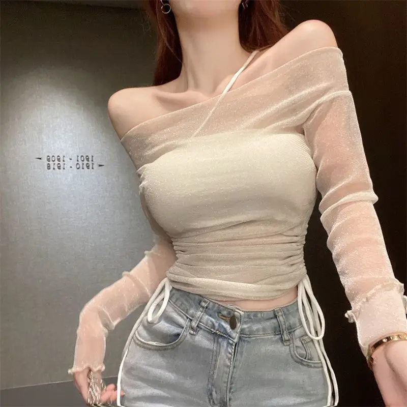 

Summer Sweet Fresh Lolita 2024 Patchwork Slash Neck Gauze Drawstring Folds Fashion Solid Color Slim Casual Long Sleeved Tops