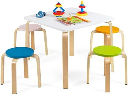 Wooden Table and Stool Set, 5-Piece Activity Table with 4 Stools for Toddler Building Block Drawing Reading Art Crafts, Children