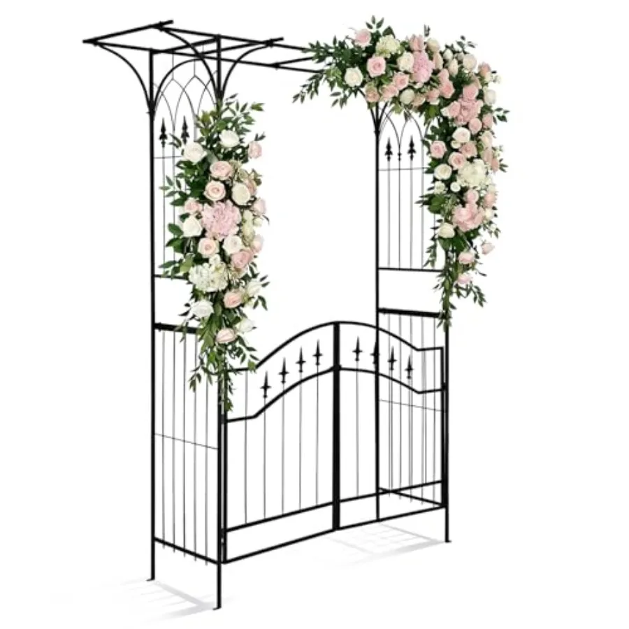 Garden Arbor: Metal Garden Arch Trellis with Gate for Climbing Plants, Outdoor Use, 6.8ft Tall, Black Finish, Rust-Resistant St