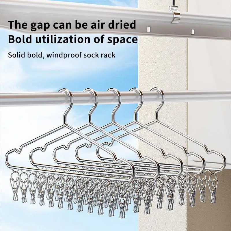 NEW Stainless Steel Clothes Drying Hanger With 12 Clips For Drying Socks Underwear Small Clothes In Balcony Bathroom