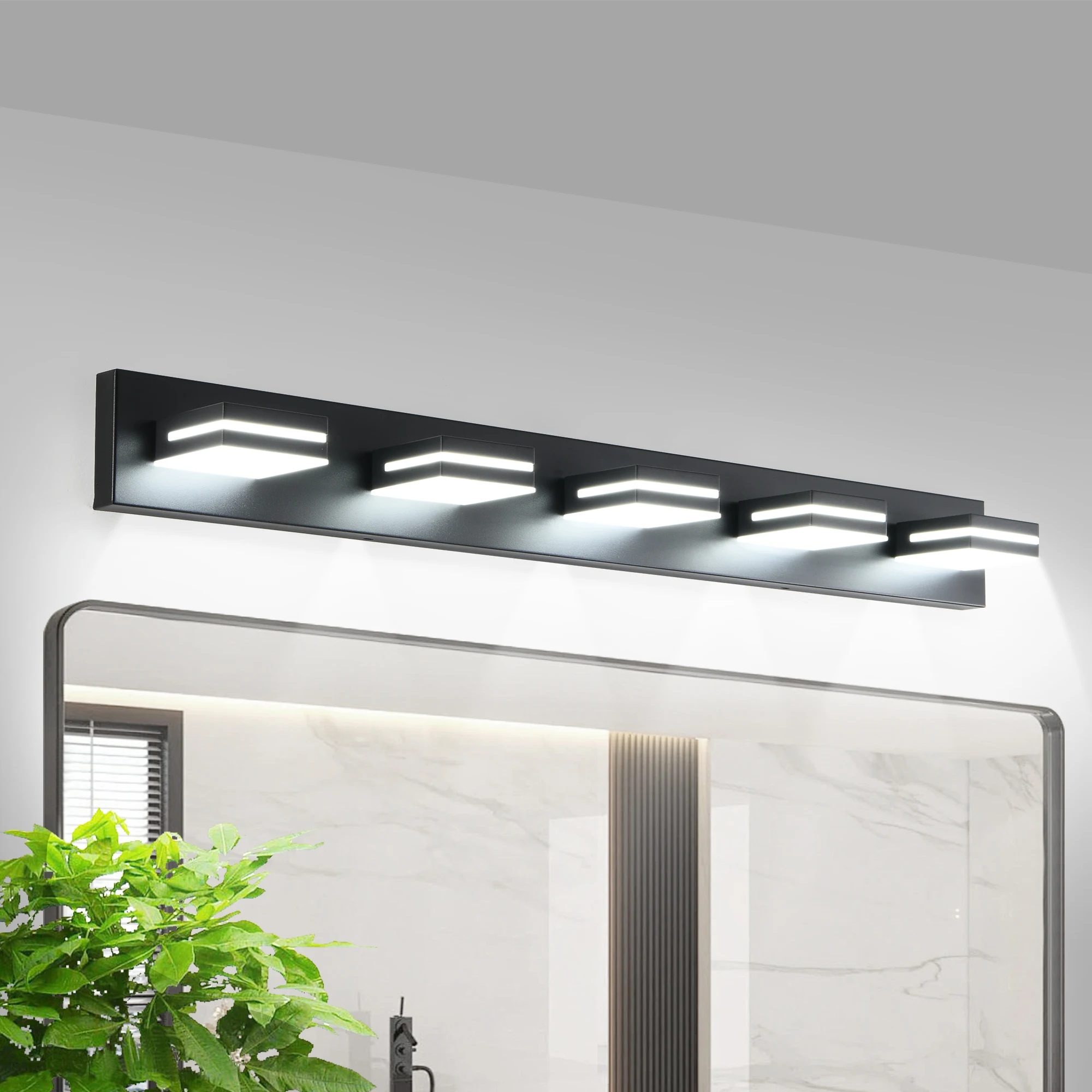 Modern Black LED Vanity Light, 5-Lights Wall Sconce for Bathroom and Mirror, Sleek Minimalist Design, Energy-Efficient