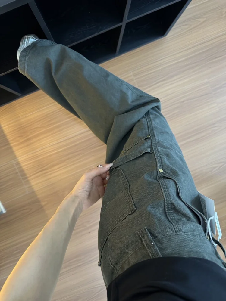 بالإضافة إلى حجم خمر الأمريكية العسكرية الدنيم السراويل النسائية فضفاضة عالية الخصر مستقيم الساق واسعة الساق ملابس العمل بنطلون #2